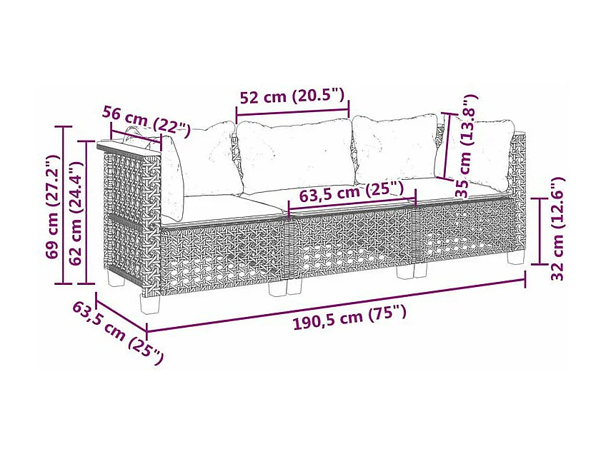 Canapé de jardin avec coussins 3 places beige résine tressée