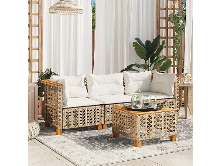 Canapé de jardin avec coussins 3 places beige résine tressée