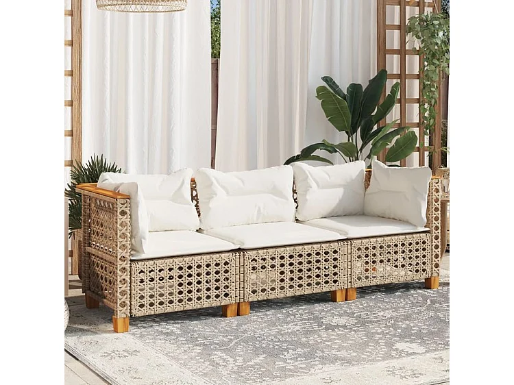 Canapé de jardin avec coussins 3 places beige résine tressée