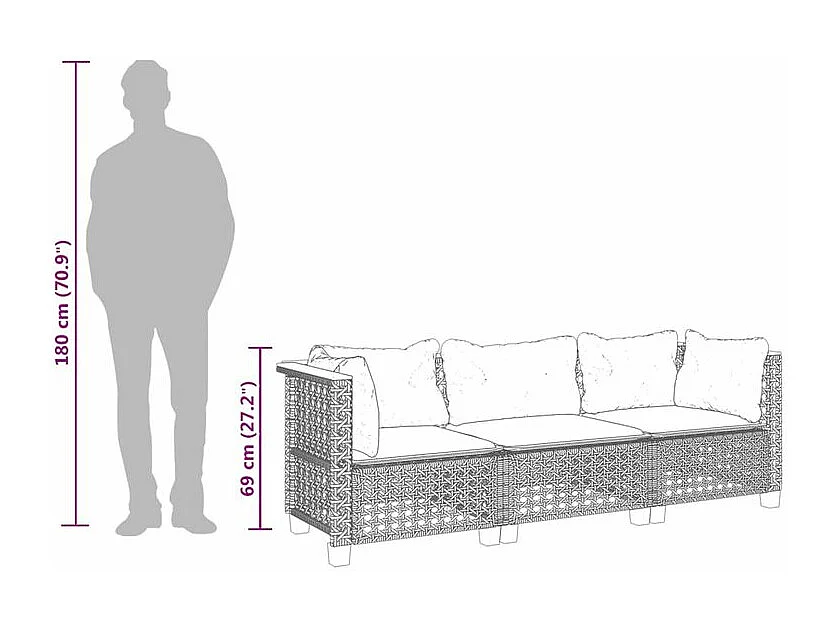 Canapé de jardin avec coussins 3 places beige résine tressée