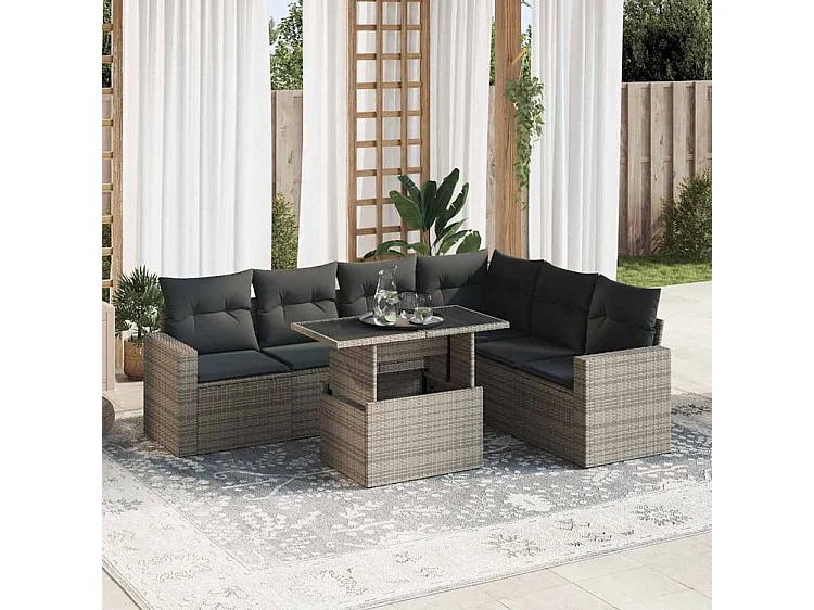 Salon de jardin avec coussins 7 pcs gris résine tressée