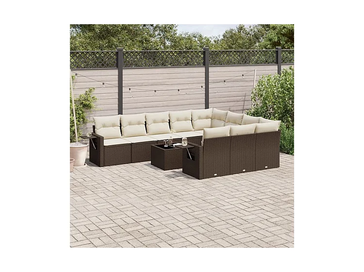 Salon de jardin et coussins 11 pcs marron résine tressée