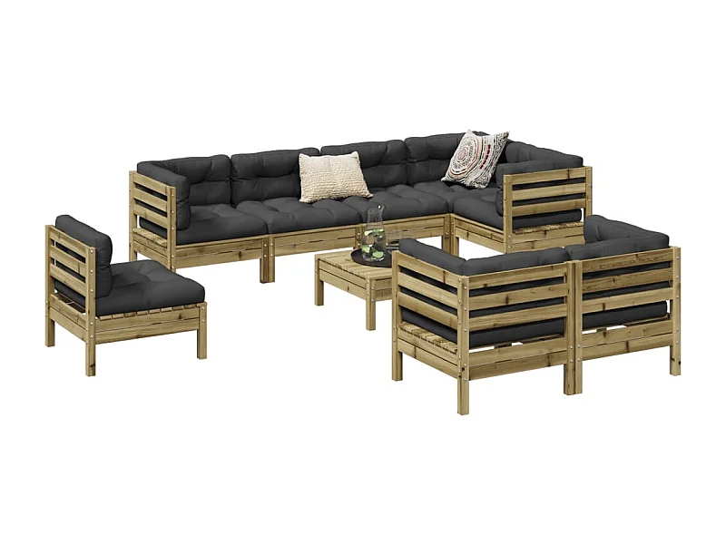 Salon de jardin 9 pcs avec coussins bois de pin imprégné