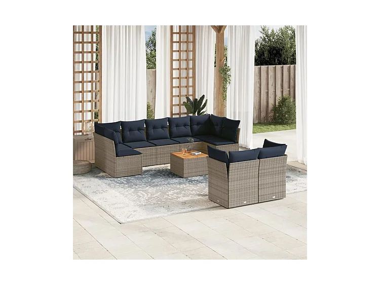 Salon de jardin 10 pcs avec coussins gris résine tressée