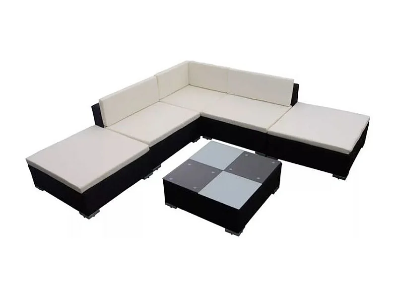 Salon de jardin 6 pièces résine tressée noir coussins blanc Kim