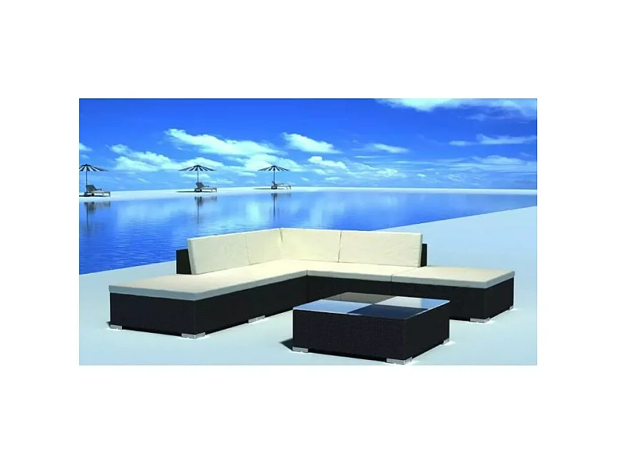 Salon de jardin 6 pièces résine tressée noir coussins blanc Kim