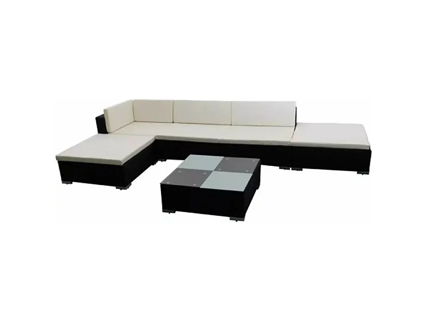 Salon de jardin 6 pièces résine tressée noir coussins blanc Kim