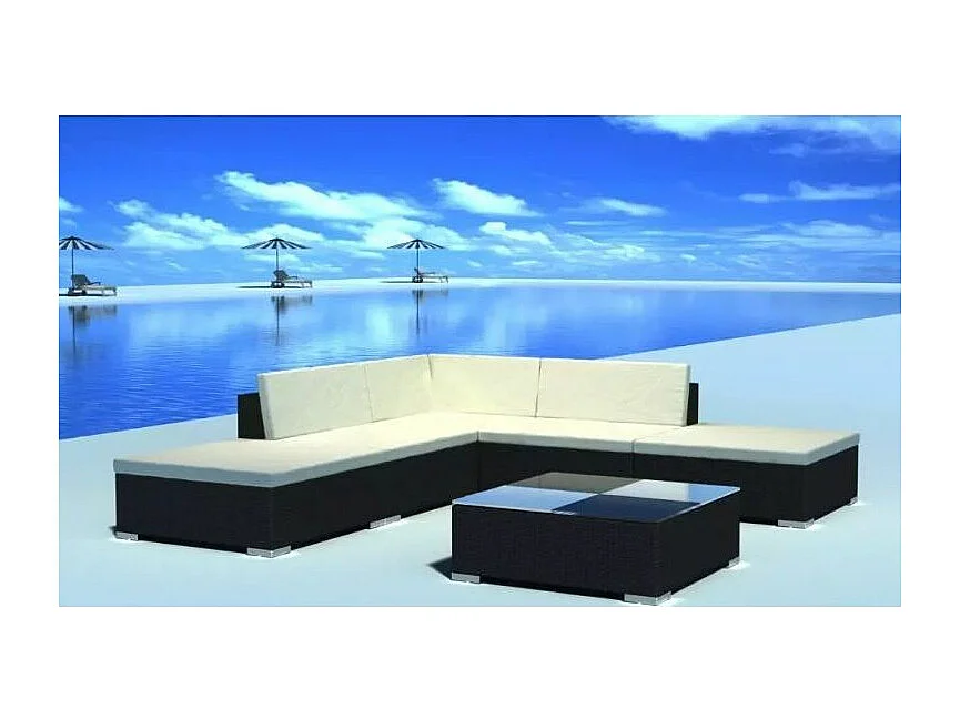 Salon de jardin 6 pièces résine tressée noir coussins blanc Kim