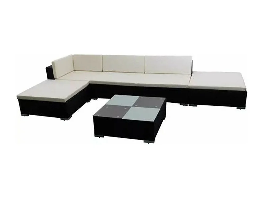 Salon de jardin 6 pièces résine tressée noir coussins blanc Kim