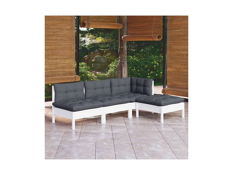 Salon de jardin 4 pcs avec coussins blanc bois de pin