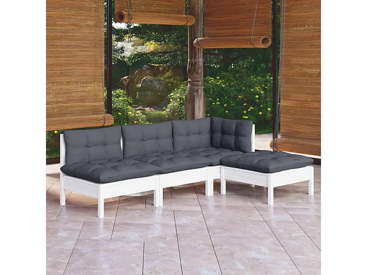 Salon de jardin 4 pcs avec coussins blanc bois de pin