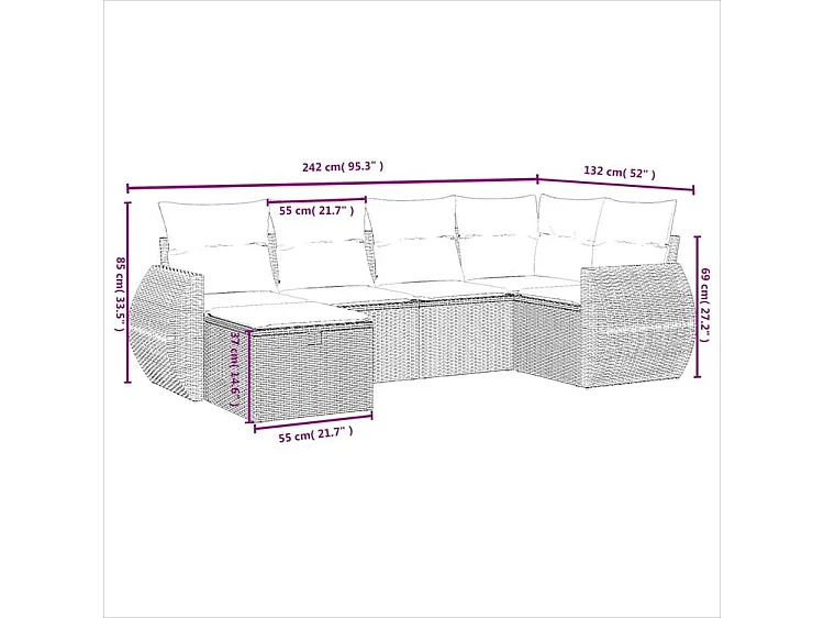 Salon de jardin avec coussins 6 pcs marron résine tressée