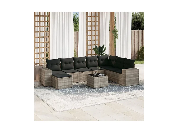 Salon de jardin 9 pcs avec coussins gris clair résine tressée