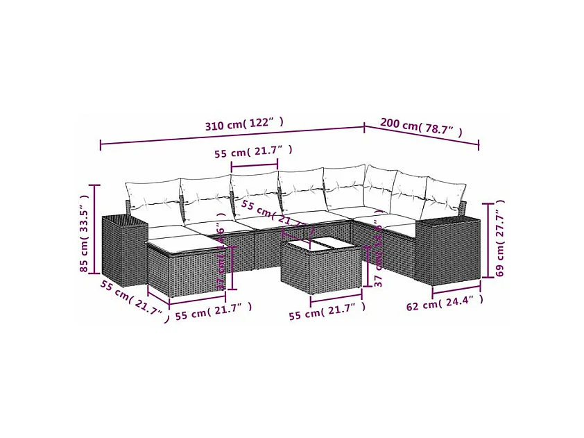 Salon de jardin 9 pcs avec coussins gris clair résine tressée