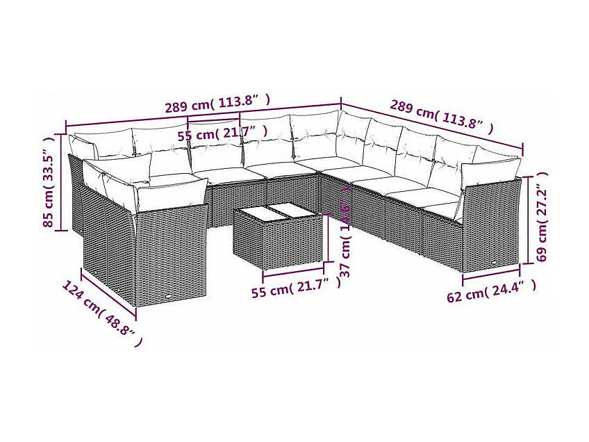 Salon de jardin avec coussins 12 pcs gris clair résine tressée
