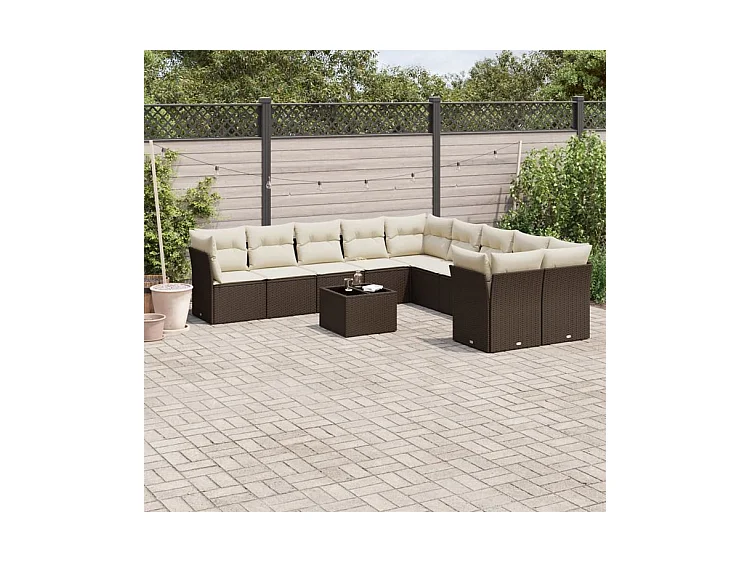 Salon de jardin et coussins 11 pcs marron résine tressée