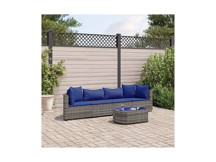 Salon de jardin 5 pcs avec coussins gris résine tressée