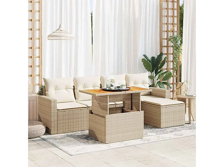 Salon de jardin avec coussins 6 pcs beige résine tressée