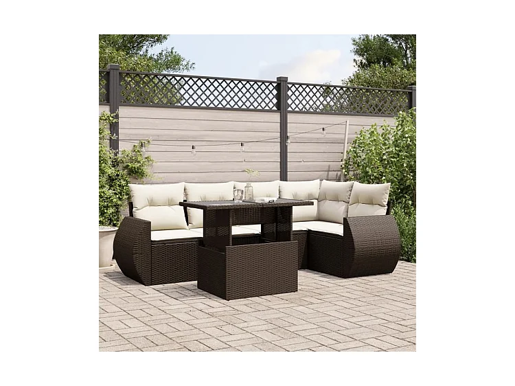 Salon de jardin avec coussins 6 pcs marron résine tressée