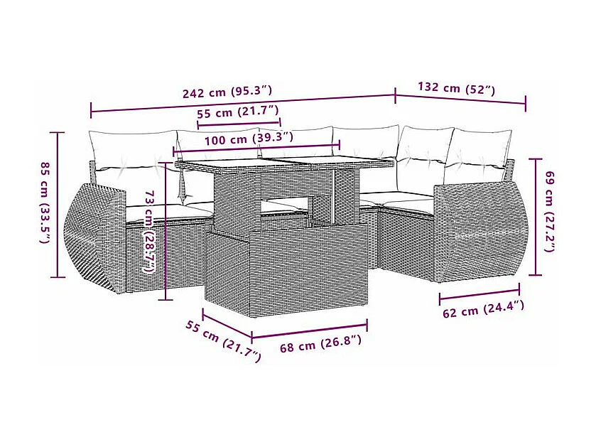 Salon de jardin avec coussins 6 pcs marron résine tressée