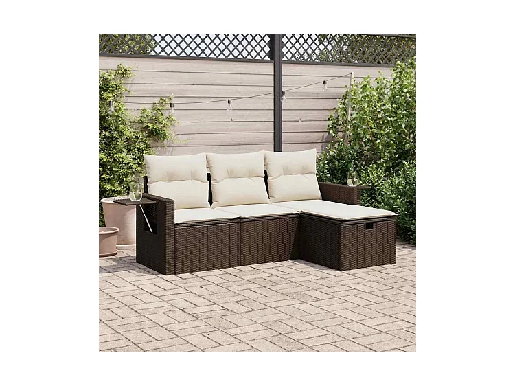 Salon de jardin 4 pcs avec coussins marron résine tressée