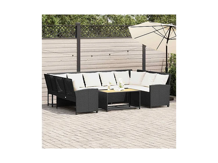 Canapé de jardin avec coussins Noir Résine tressée