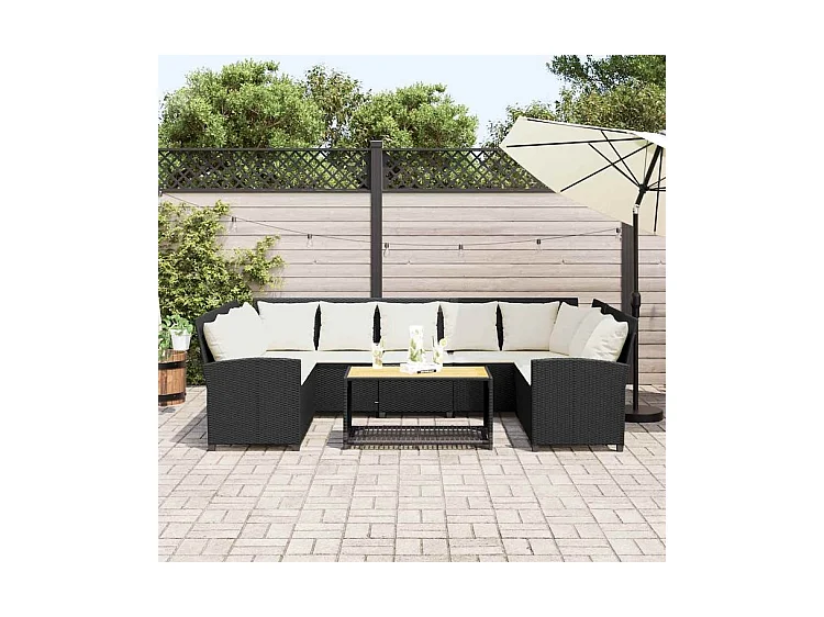 Canapé de jardin avec coussins Noir Résine tressée