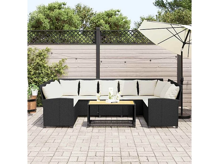 Canapé de jardin avec coussins Noir Résine tressée