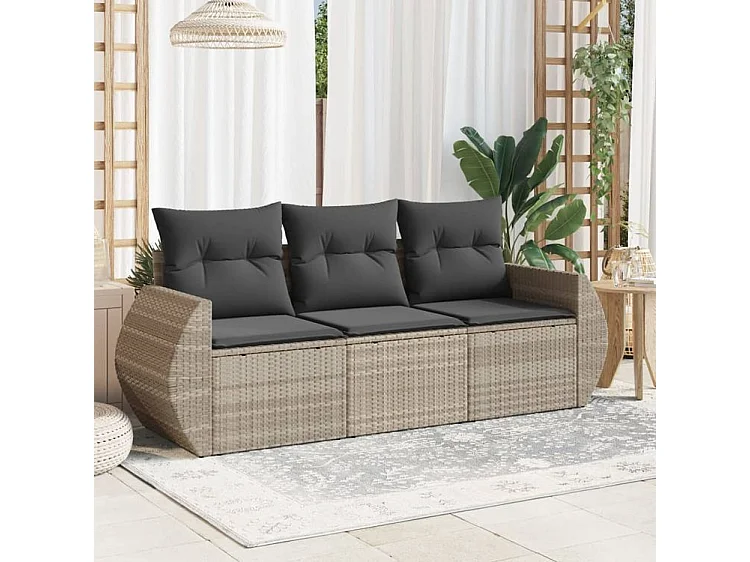 Salon de jardin avec coussins 3 pcs gris clair résine tressée