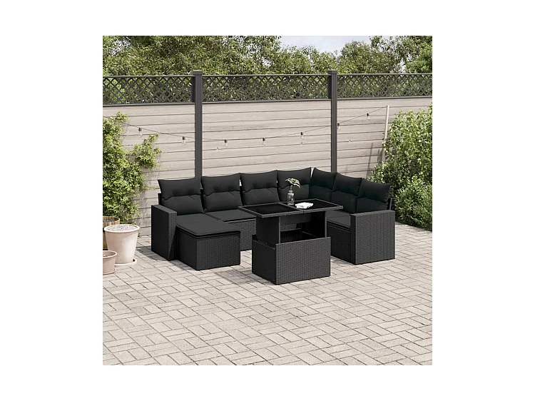 Salon de jardin 8 pcs avec coussins noir résine tressée