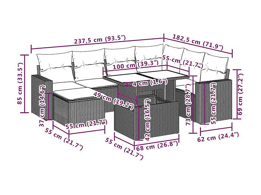 Salon de jardin 8 pcs avec coussins noir résine tressée