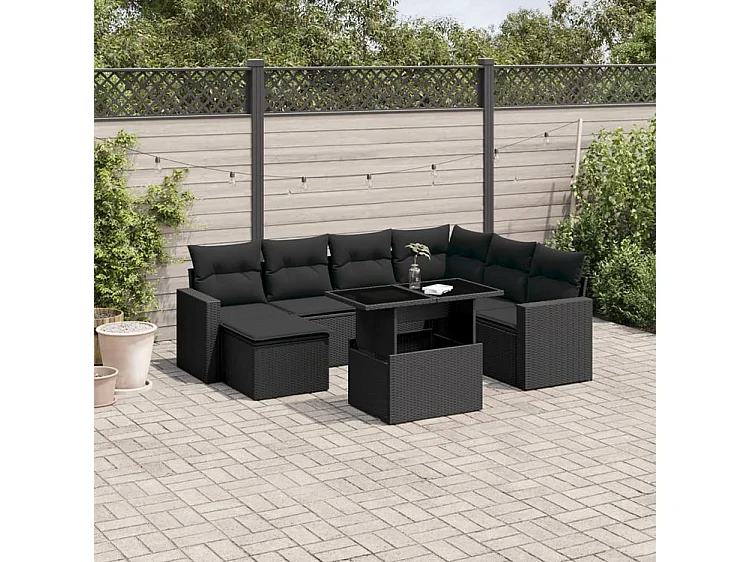 Salon de jardin 8 pcs avec coussins noir résine tressée