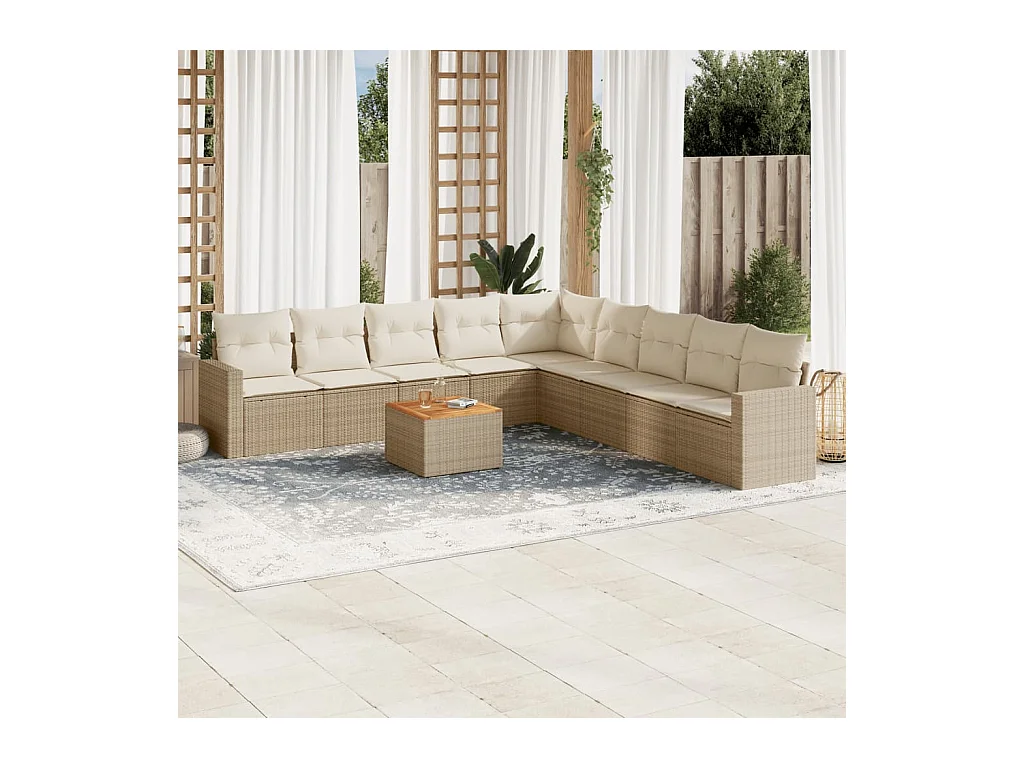 Salon de jardin avec coussins 10 pcs beige résine tressée