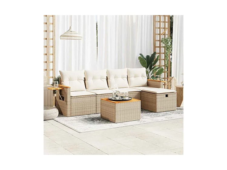 Salon de jardin avec coussins 6 pcs beige résine tressée