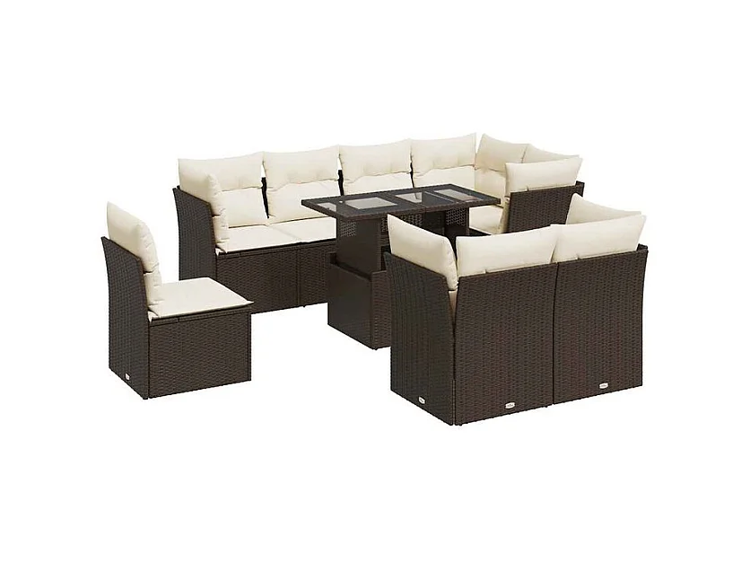 Salon de jardin avec coussins 9 pcs marron résine tressée