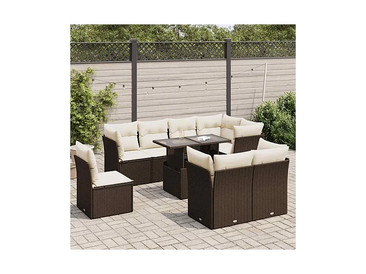 Salon de jardin avec coussins 9 pcs marron résine tressée