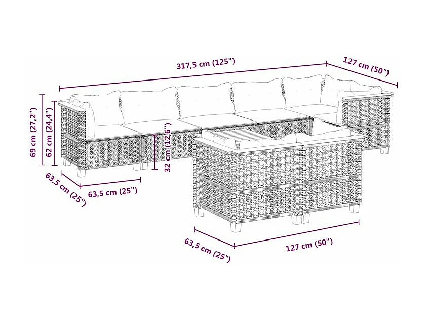 Salon de jardin 9 pcs avec coussins gris résine tressée
