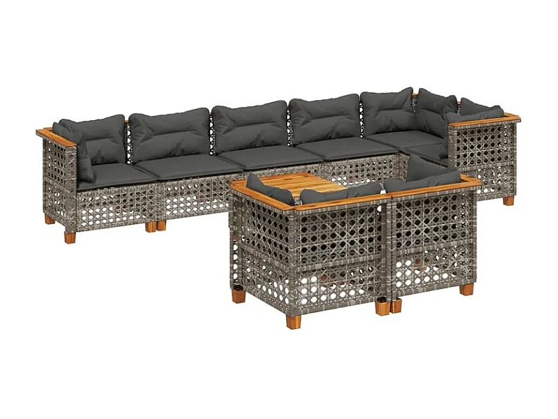 Salon de jardin 9 pcs avec coussins gris résine tressée