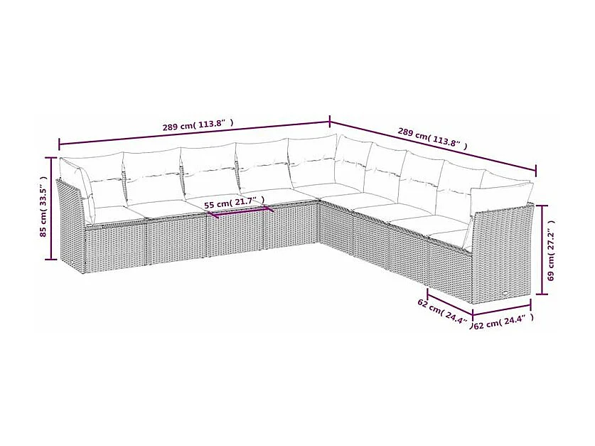Salon de jardin 9 pcs avec coussins gris clair résine tressée