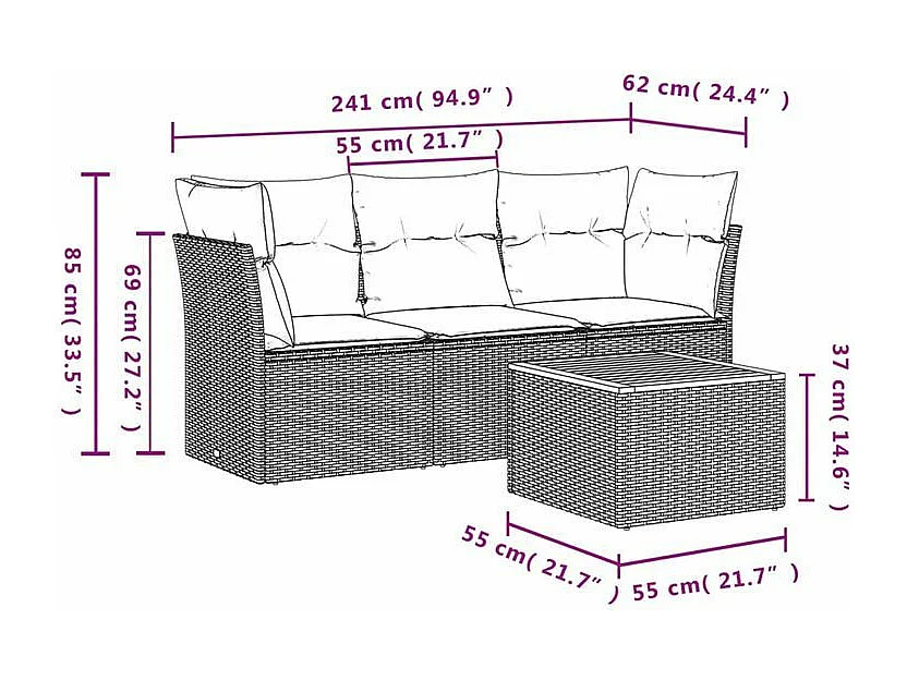 Salon de jardin 4 pcs avec coussins gris résine tressée