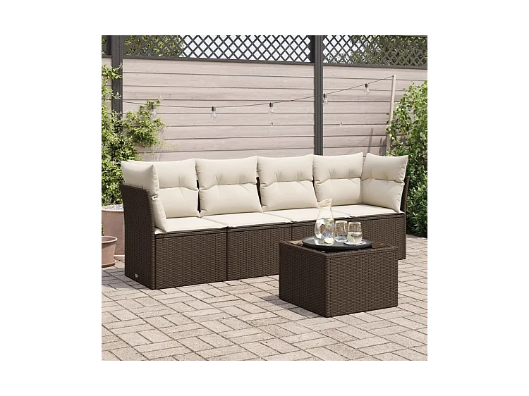 Salon de jardin avec coussins 5 pcs marron résine tressée