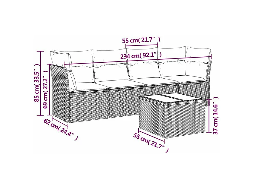 Salon de jardin avec coussins 5 pcs marron résine tressée