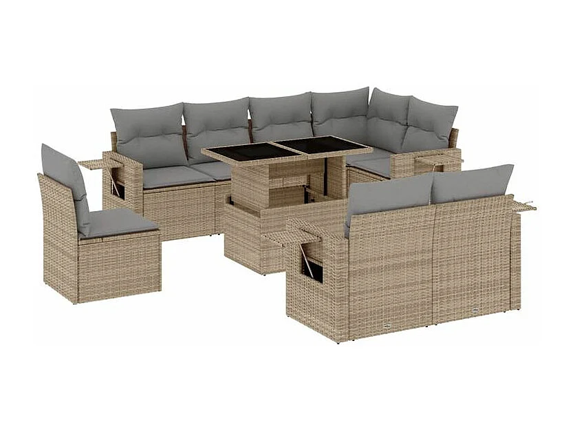 Salon de jardin avec coussins 9 pcs beige résine tressée