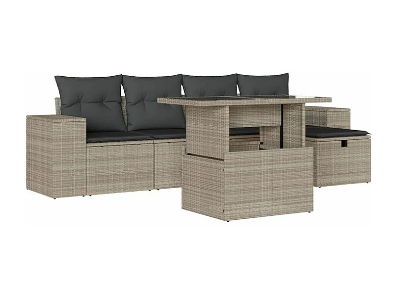 Salon de jardin 6 pcs avec coussins gris clair résine tressée