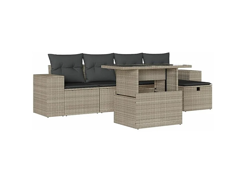 Salon de jardin 6 pcs avec coussins gris clair résine tressée