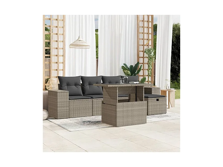 Salon de jardin 6 pcs avec coussins gris clair résine tressée