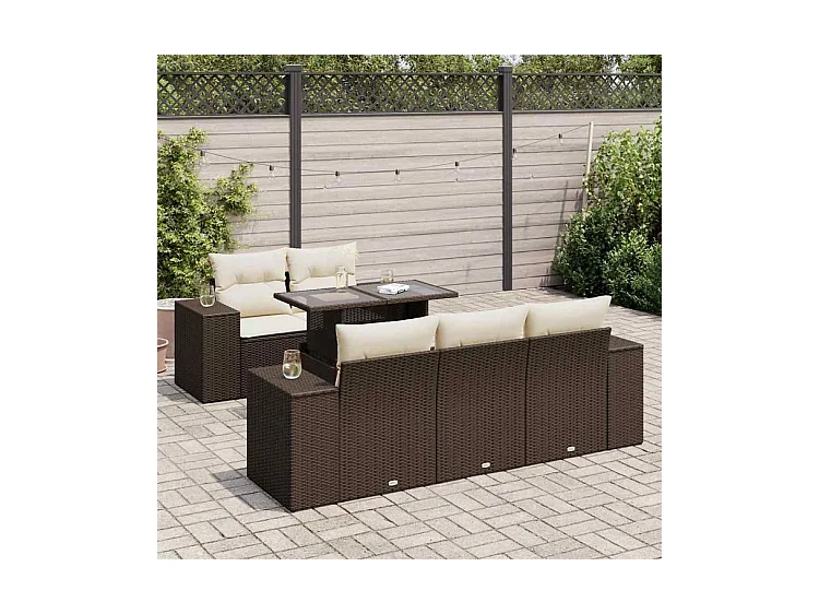 Salon de jardin avec coussins 6 pcs marron résine tressée