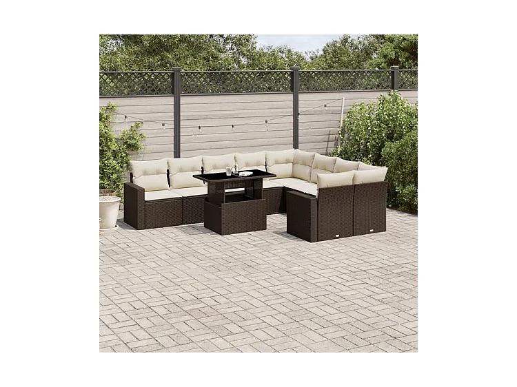 Salon de jardin 10 pcs avec coussins marron résine tressée