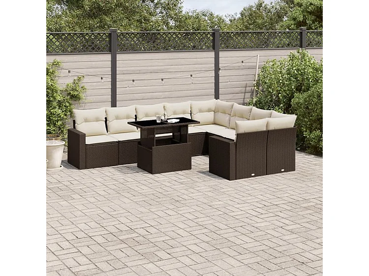 Salon de jardin 10 pcs avec coussins marron résine tressée