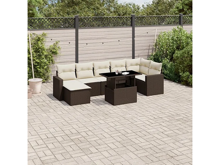 Salon de jardin 8 pcs avec coussins marron résine tressée